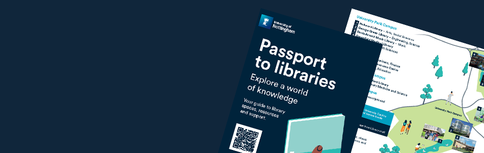 Blue background with screenshots of Passport to Libraries front cover and map