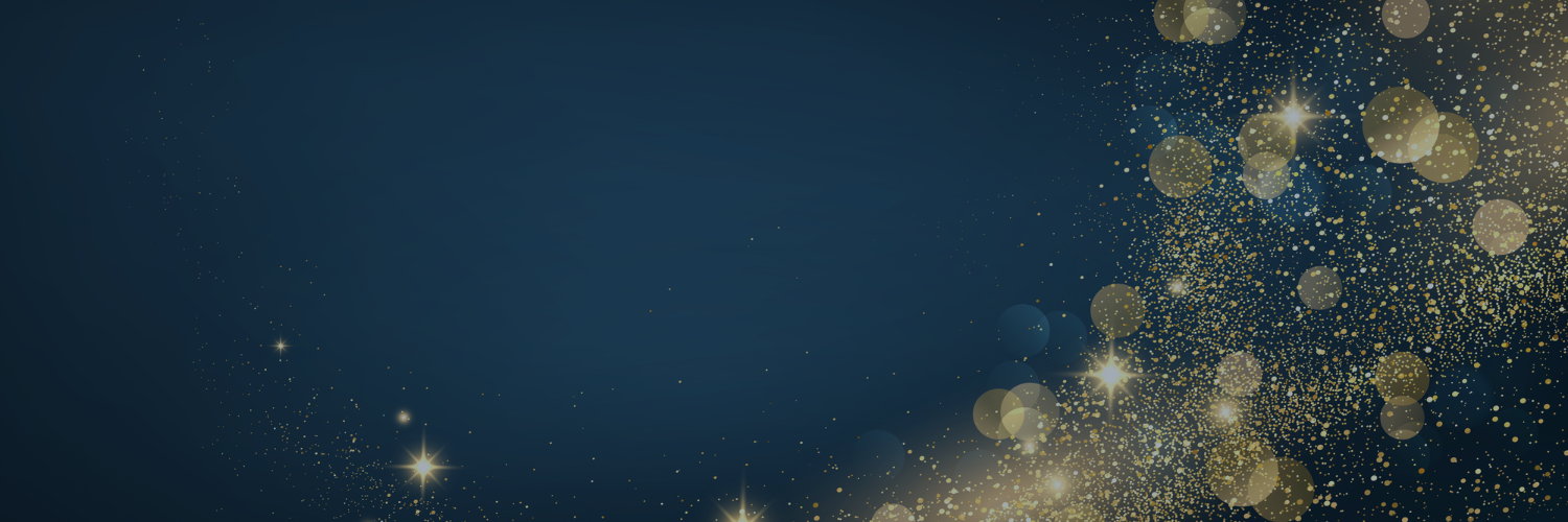 Dark blue background with gold sparkles in a sweep across the right side