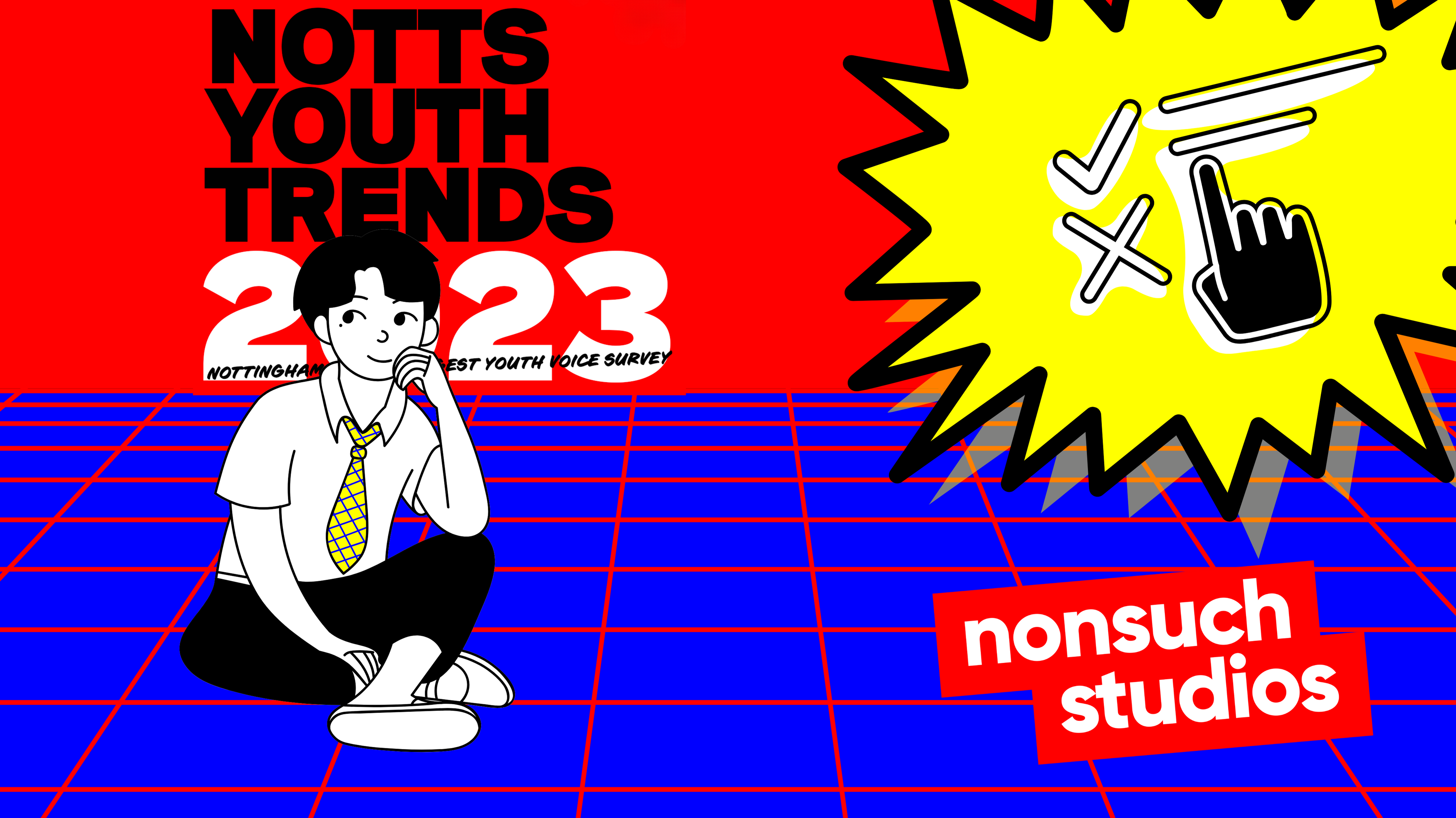 Illustration of a young person sat crossed legged on a blue floor with the words 'Notts Youth Trends 2023' above them.