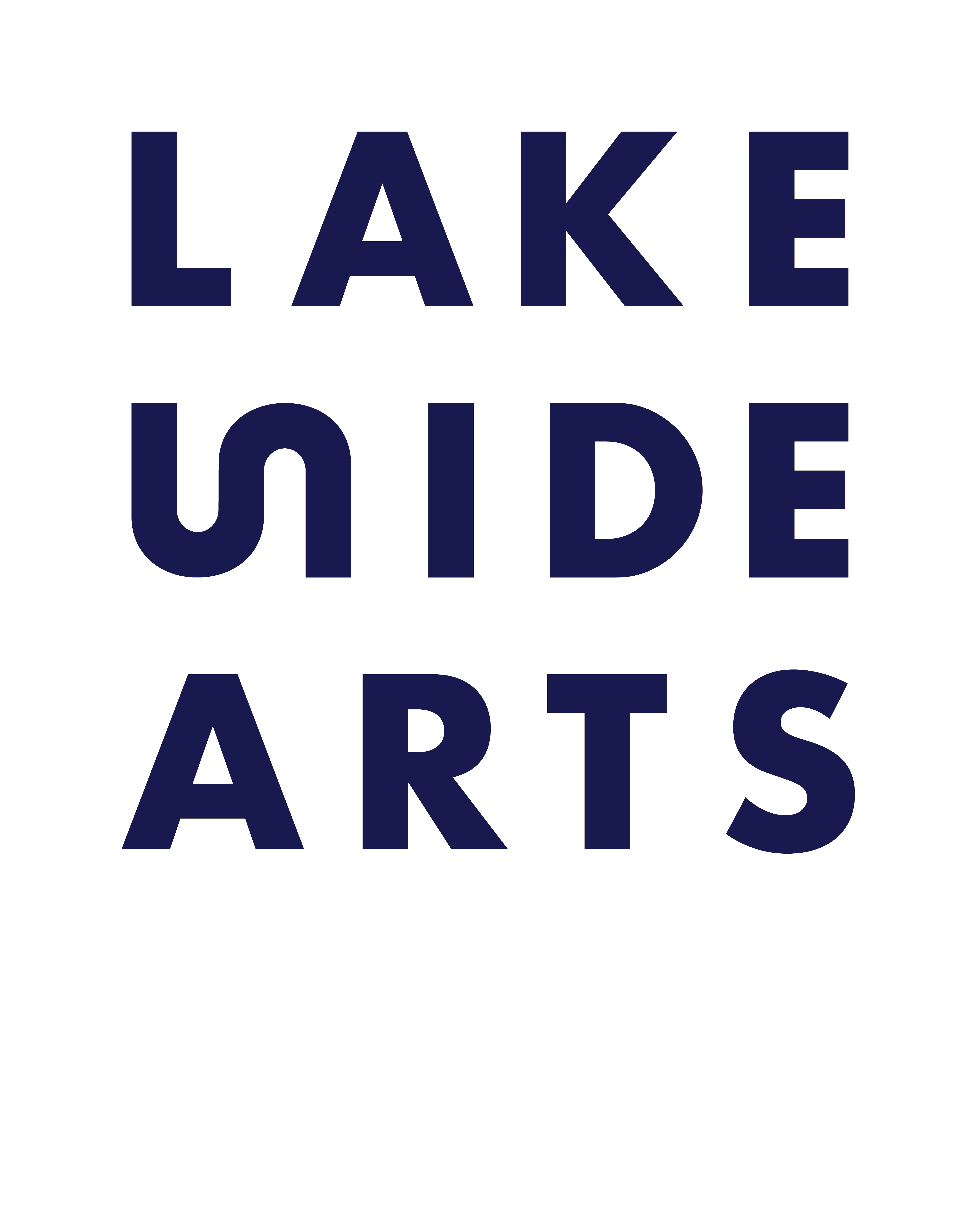 White digital banner with blue text with the inscription Lakeside Arts