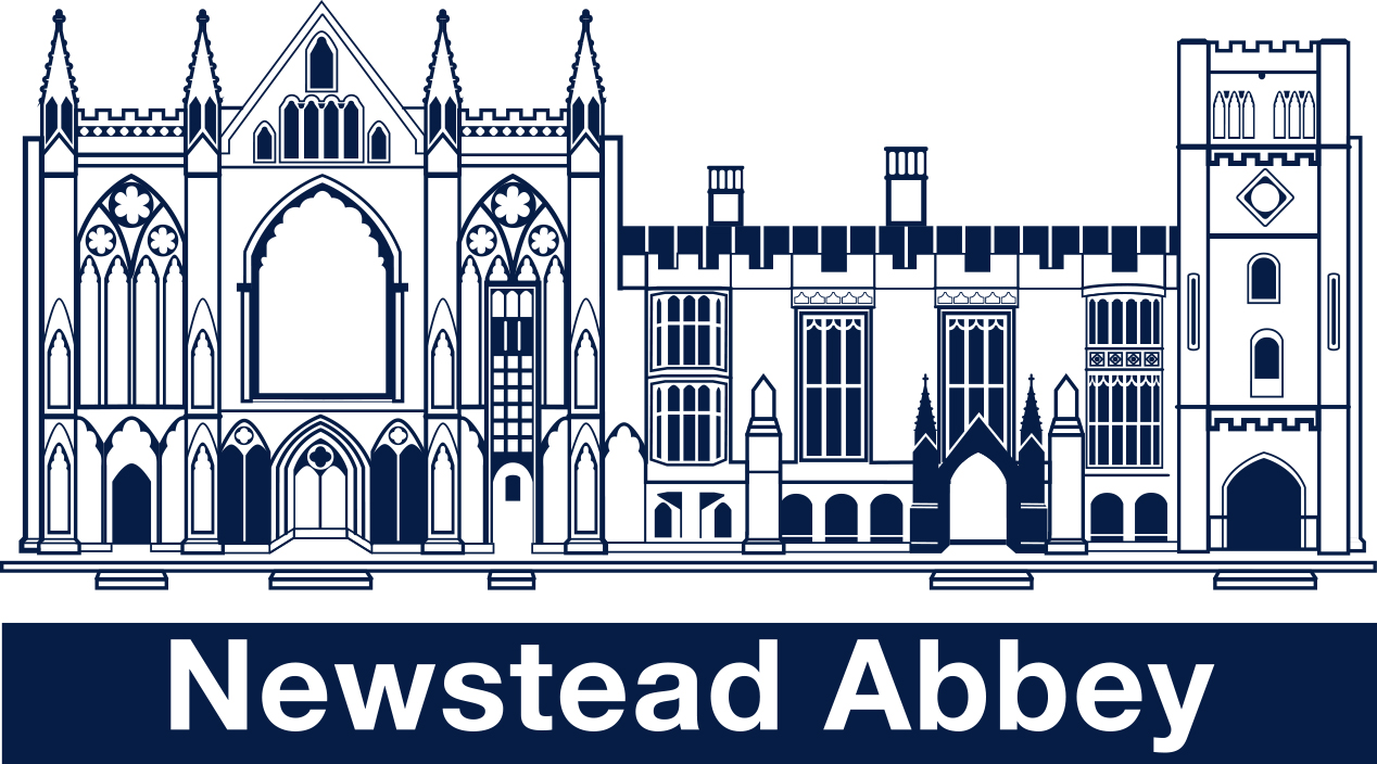 Outline drawing of an old stately home with the inscription Newstead Abbey