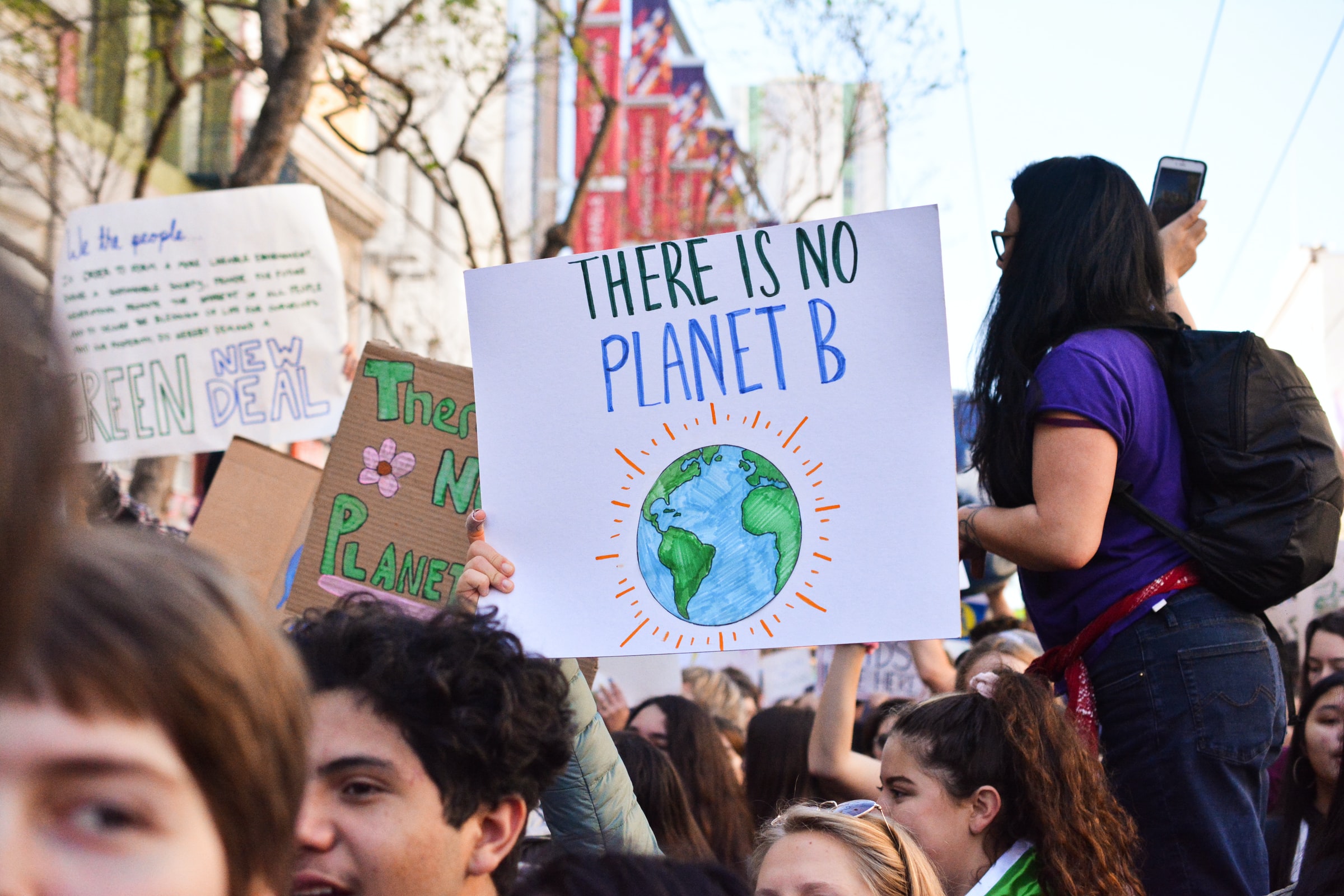Climate activists in Union Square, San Francisco , United States 2018 with a sign saying 'There is no Planet B'