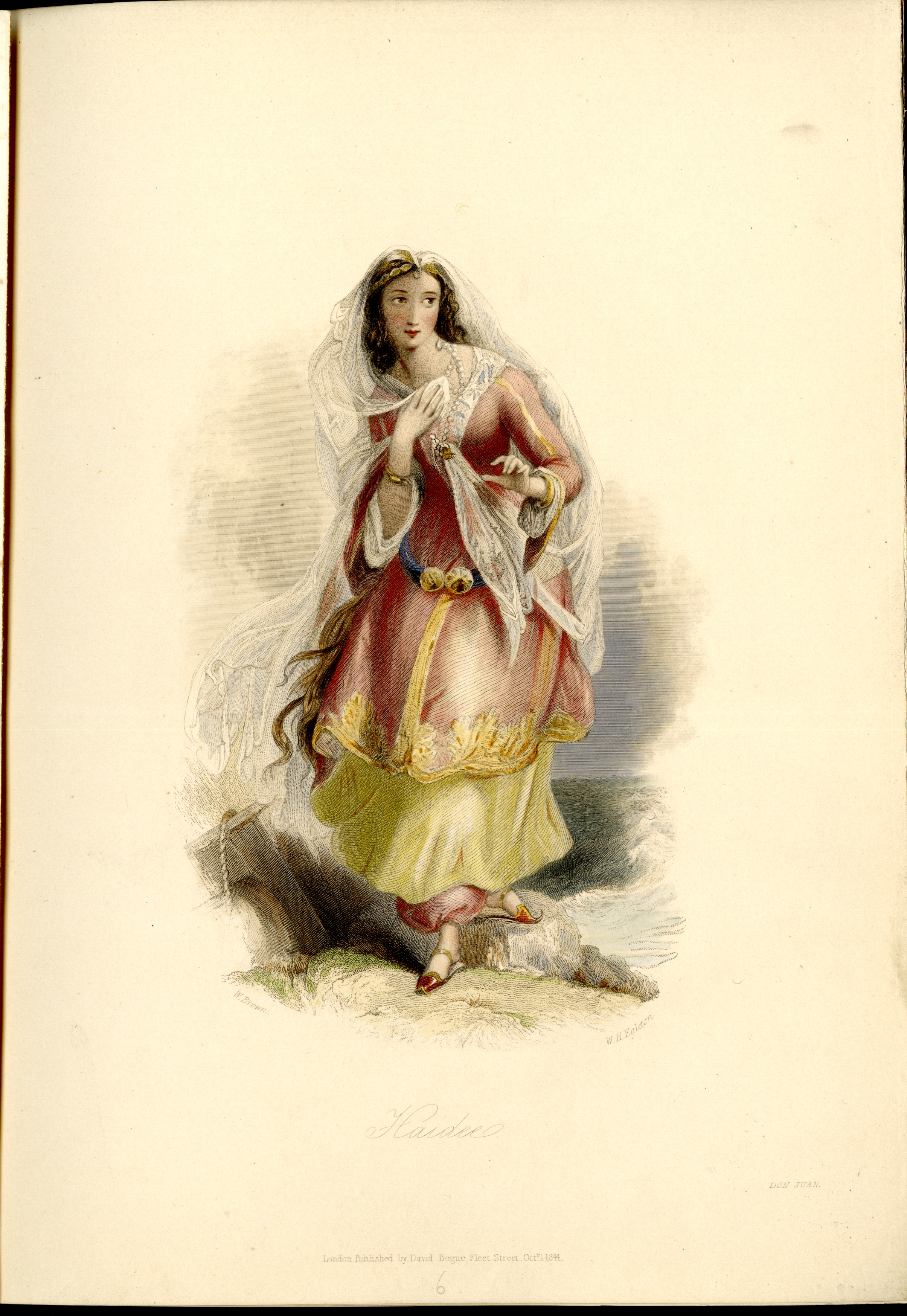 Coloured drawing of a young woman in a red dress