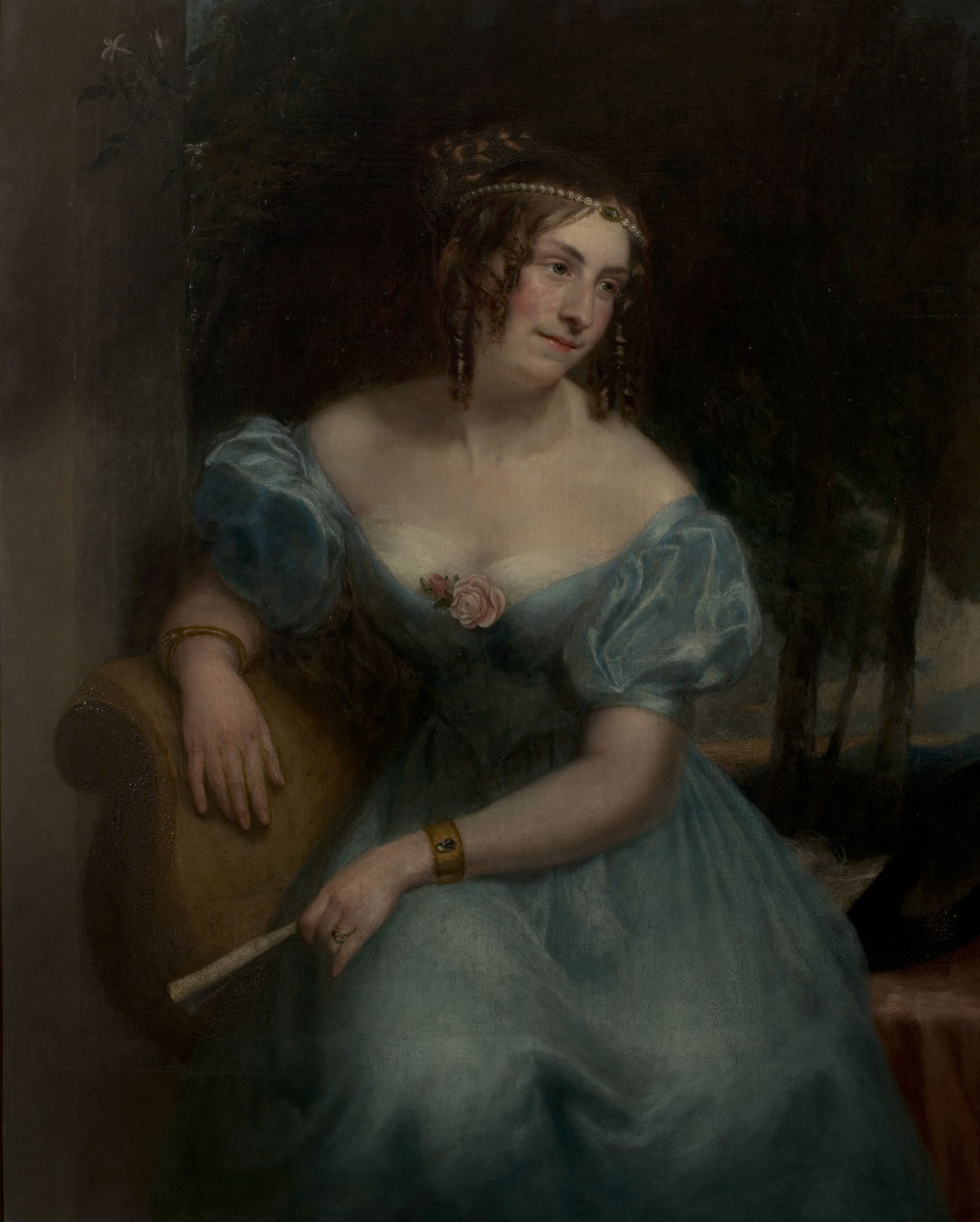 Painting of a woman with ringlet hair and a blue dress