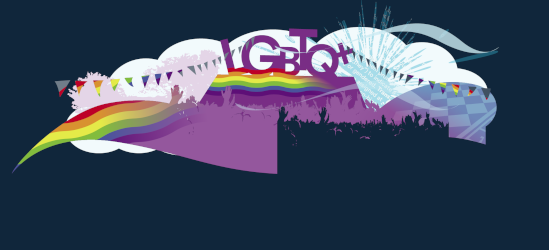 Colourful illustration showing bunting, crowd with raised hands and the words LGBTQ+