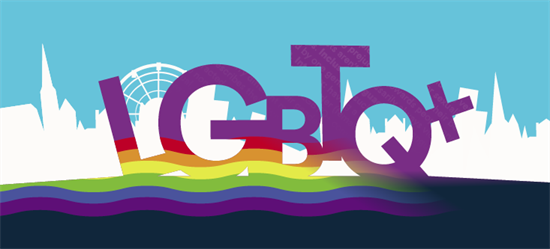 Colourful illustration showing the word LGBTQ+ with a rainbow stripe against outline of city