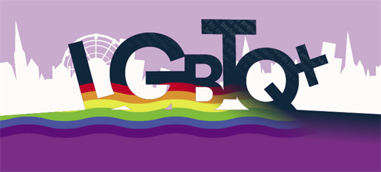 Colourful illustration showing the word LGBTQ+ with a rainbow stripe against outline of city