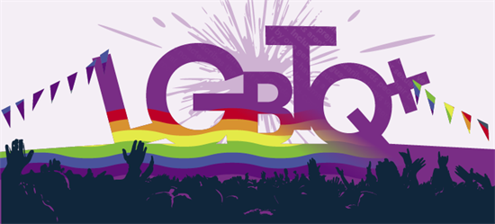 Colourful illustration showing the word LGBTQ+ with a rainbow stripe, bunting and the outline of a crowd celebrating
