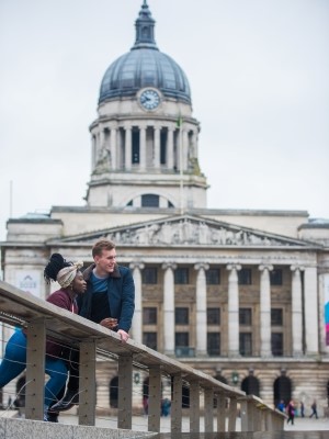 Two students in front of Council House, Nottingham city centre