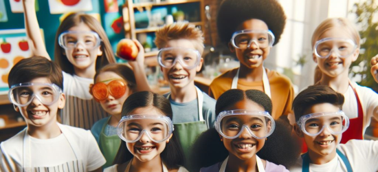 AI generated image of children wearing googles and performing an experiment