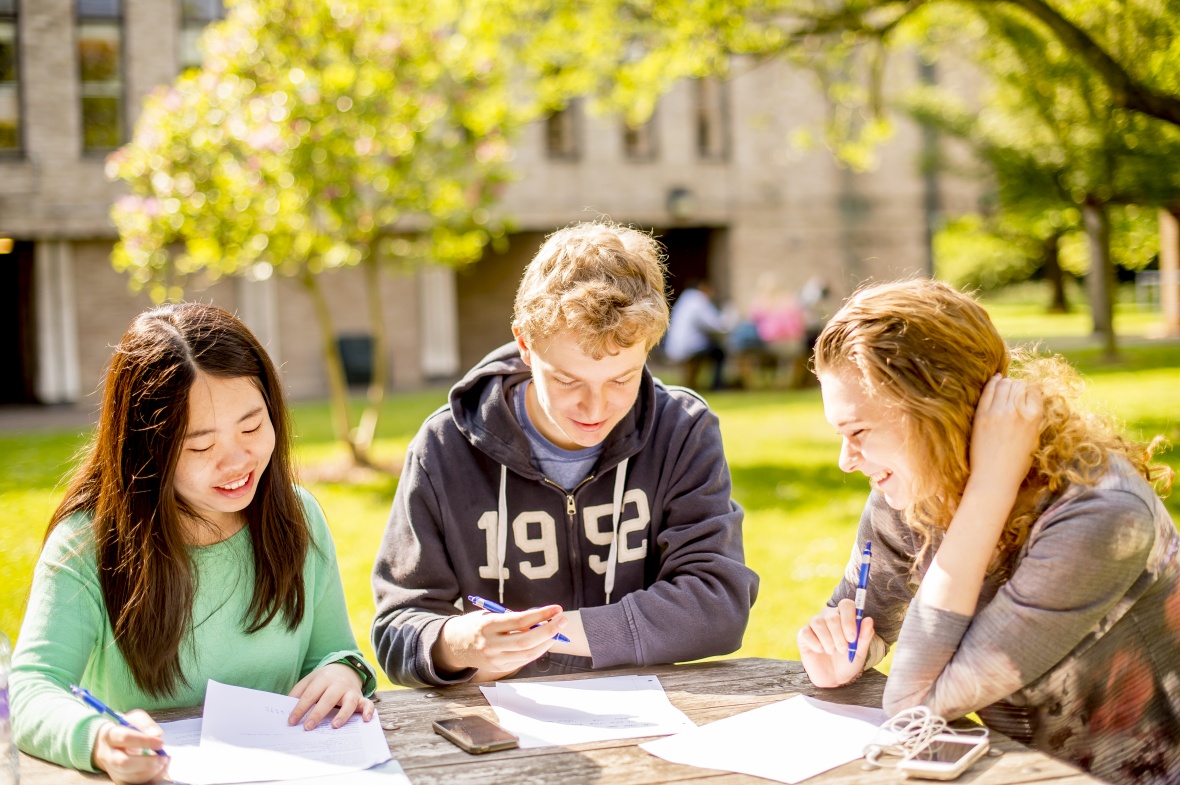 Students sat outside Cavendish Hall, University Park