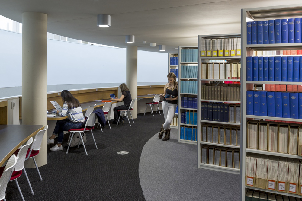 George Green Library study space and bookshelves