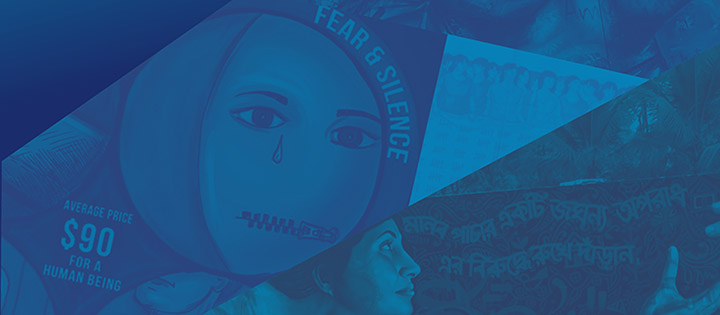 Graphically designed collage image with different shaded of blue and text that reads fear and silence