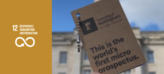 SDG 12 icon with photo of the micro prospectus in front of the Trent Building on University Park Campus